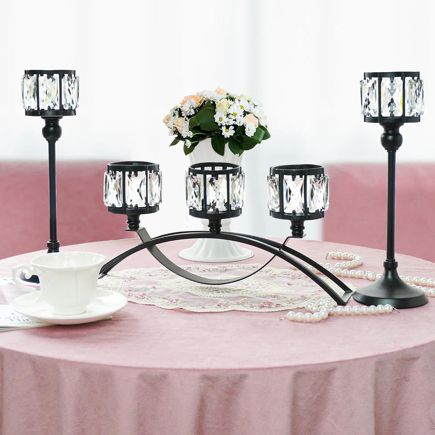 Black Set of 3 Crystal Candle Holders Arched - Elegant Tabletop Candelabra Centerpiece for Weddings, Dining Room Decor