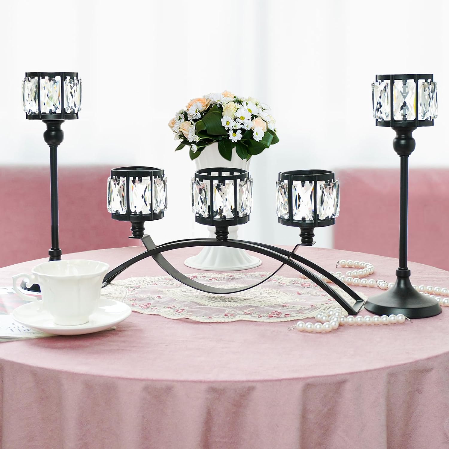 Black Set of 3 Crystal Candle Holders Arched - Elegant Tabletop Candelabra Centerpiece for Weddings, Dining Room Decor