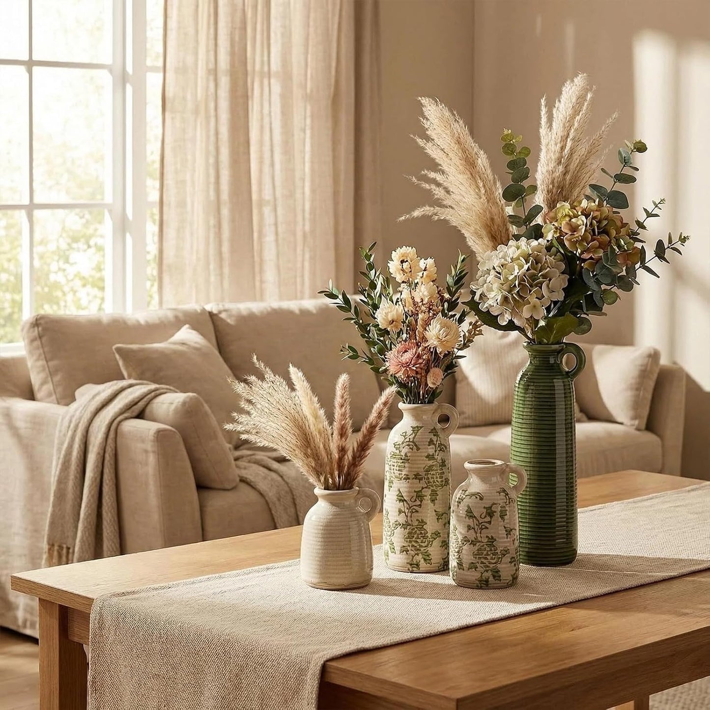 Ceramic Vases / Farmhouse Country Flower Vase Home Decor / Green Flower / Set of 3