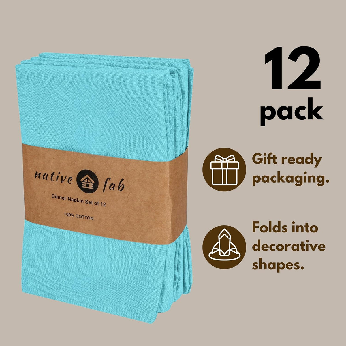 Native Fab Blue Cloth Napkins, 12 Pack, 100% Cotton, 17x17 Inches, Heavy Duty, Soft Texture, Quick Drying, Great for
