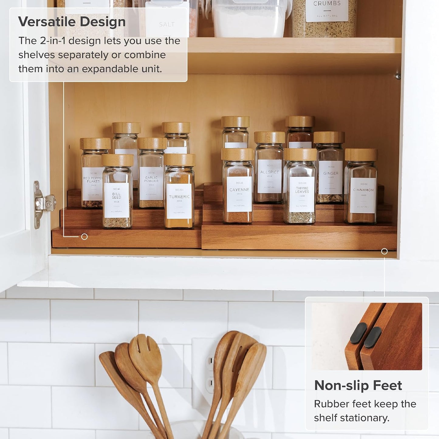 3-Tier Expandable Spice Rack Organizer, Acacia | Fits 36 spice jars, pantry storage, non-slip feet