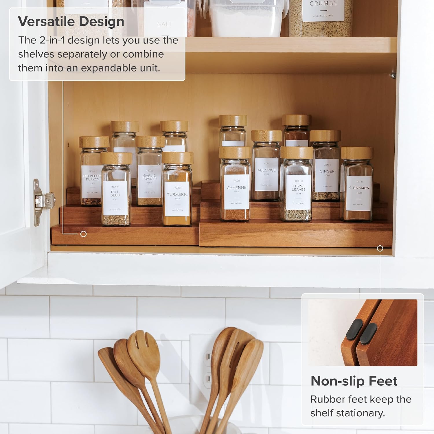 3-Tier Expandable Spice Rack Organizer, Acacia | Fits 36 spice jars, pantry storage, non-slip feet