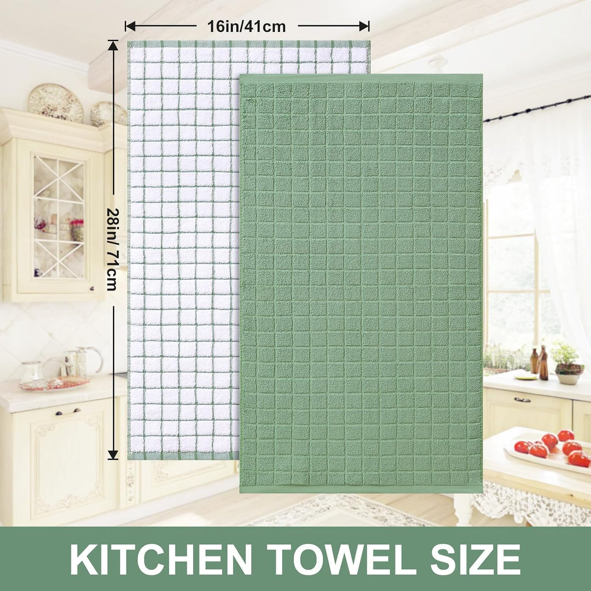 Homaxy Large Premium Cotton Kitchen Towels 16"x 28", 12 Pack, Grass Green | Natural Ring Spun 390 GSM Dish Towels