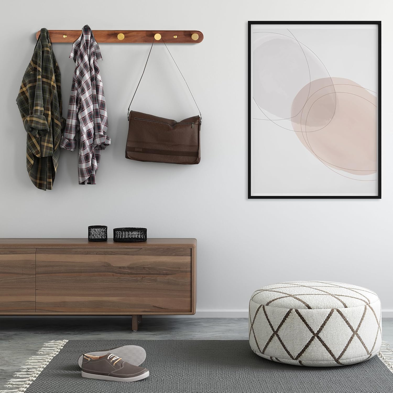 Wall Mounted Coat Rack, Metal Wood, with 5 Hooks | Walnut Gold Matt, For Coat, Scarf, Bag, Towel, Key, Cap, Hat