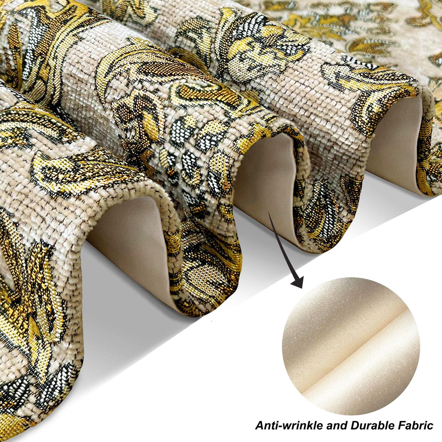 108 Inches Exquisite Gold Floral Jacquard Table Runner Thick Beige Chenille | for Christmas Dining