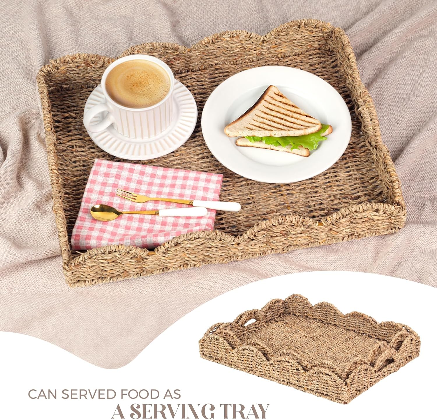 Scalloped Seagrass Tray / Dark Brown / 17 x 13 x 3 / Set of 2