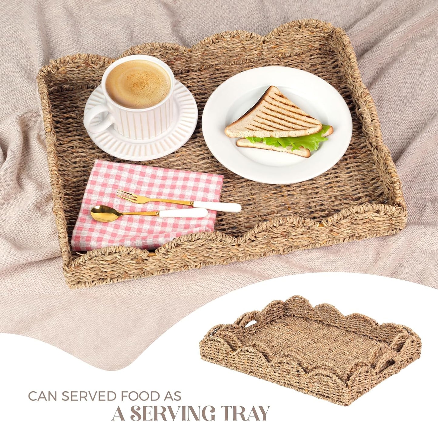 Scalloped Seagrass Tray / Dark Brown / 17 x 13 x 3