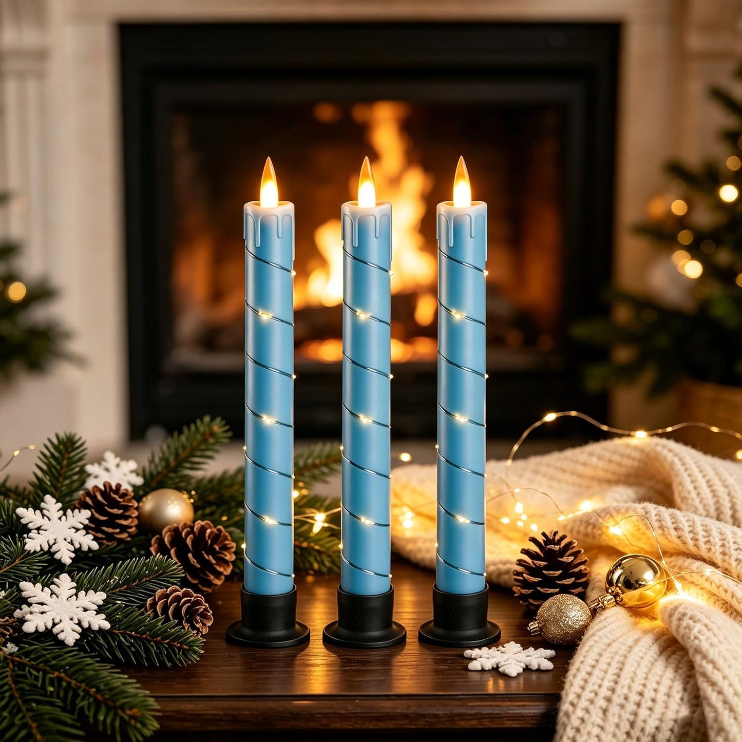 3 Pack Blue Dripping Wax Flameless Candles, Realistic Dynamic Flame LED Taper Candles with Surrounding Fairy String