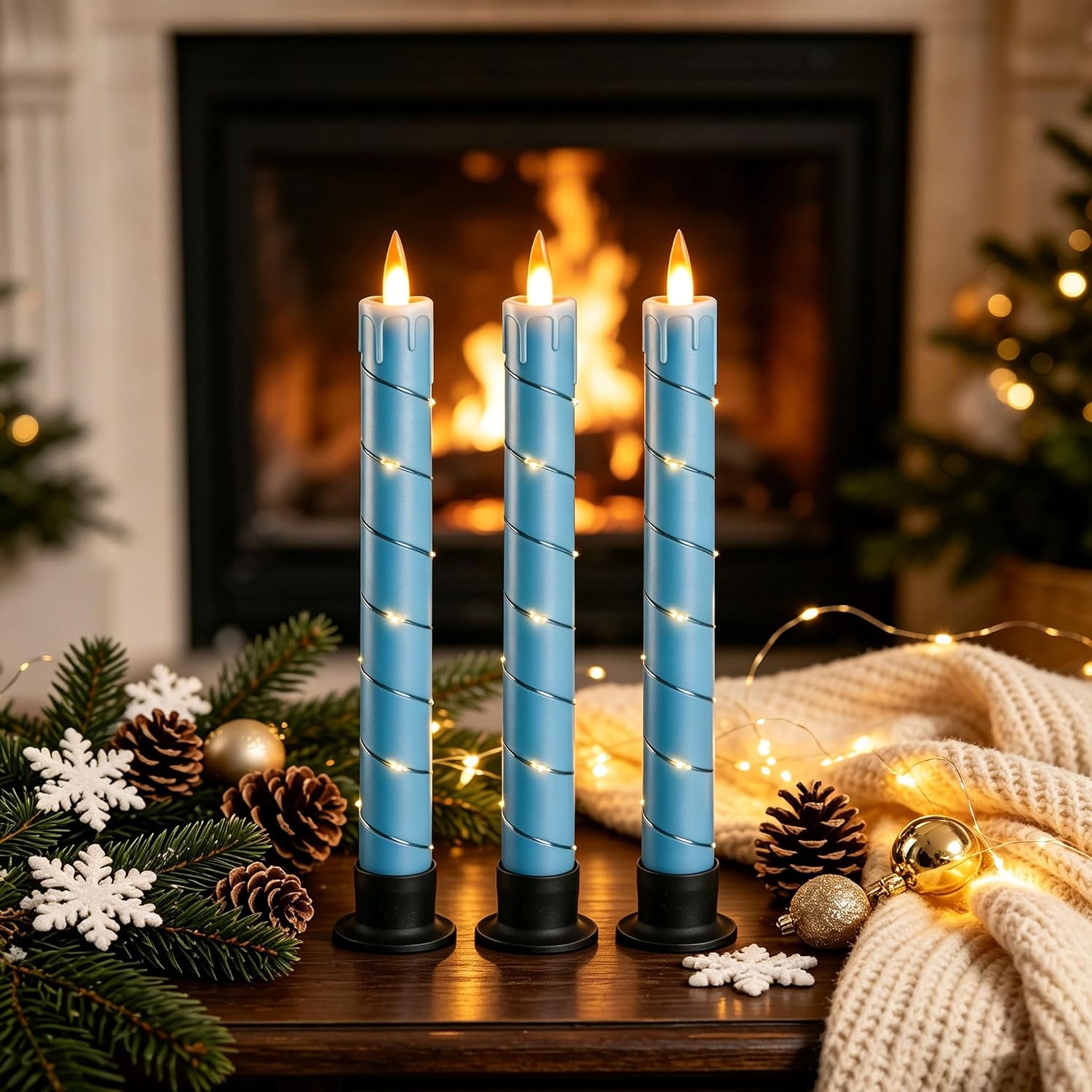 3 Pack Blue Dripping Wax Flameless Candles, Realistic Dynamic Flame LED Taper Candles with Surrounding Fairy String
