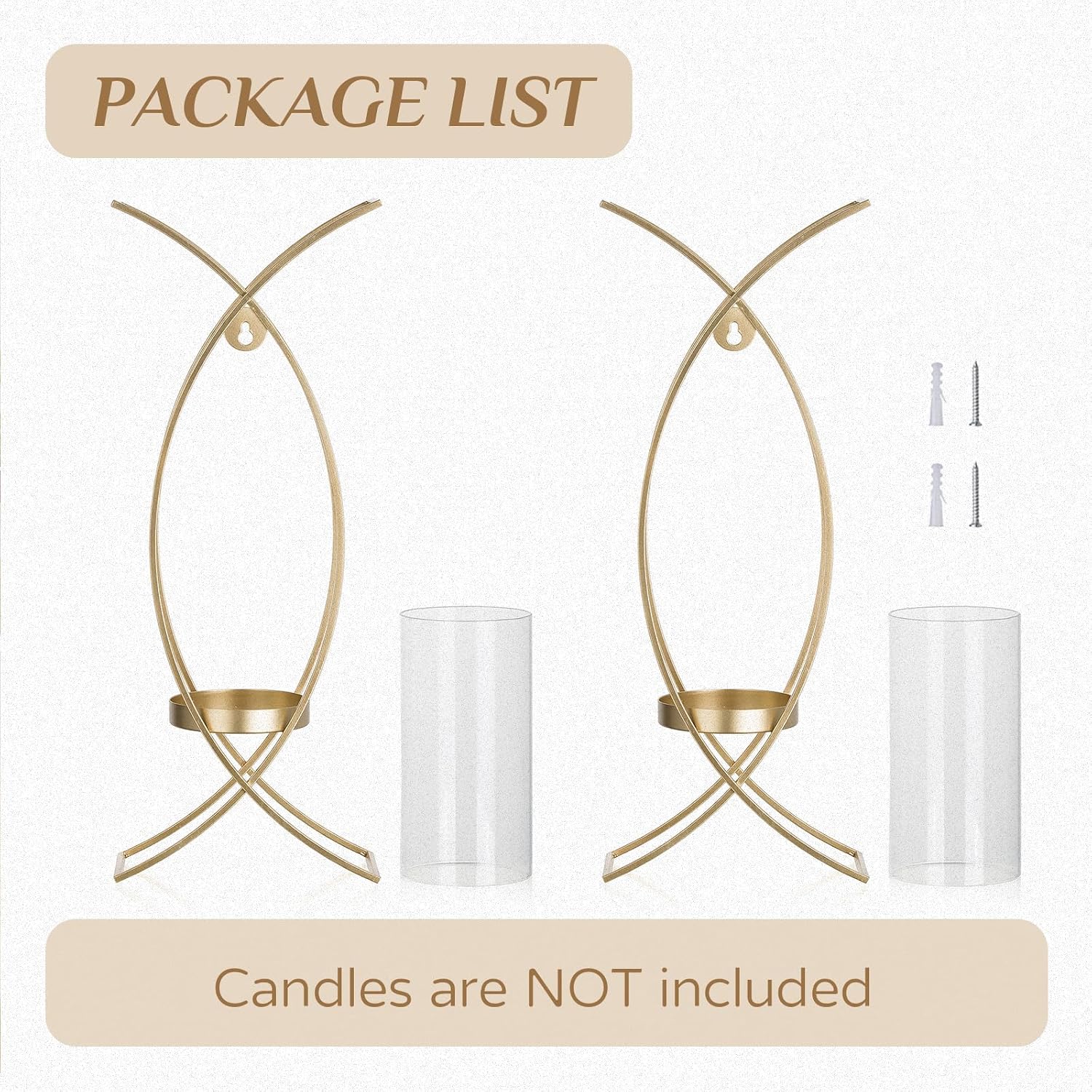 Gold Metal Wall Candle Sconces Set of 2 with Glass Hurricanes | Wall Candle Holder for Pillar, 15 Inch Tray, Flameless