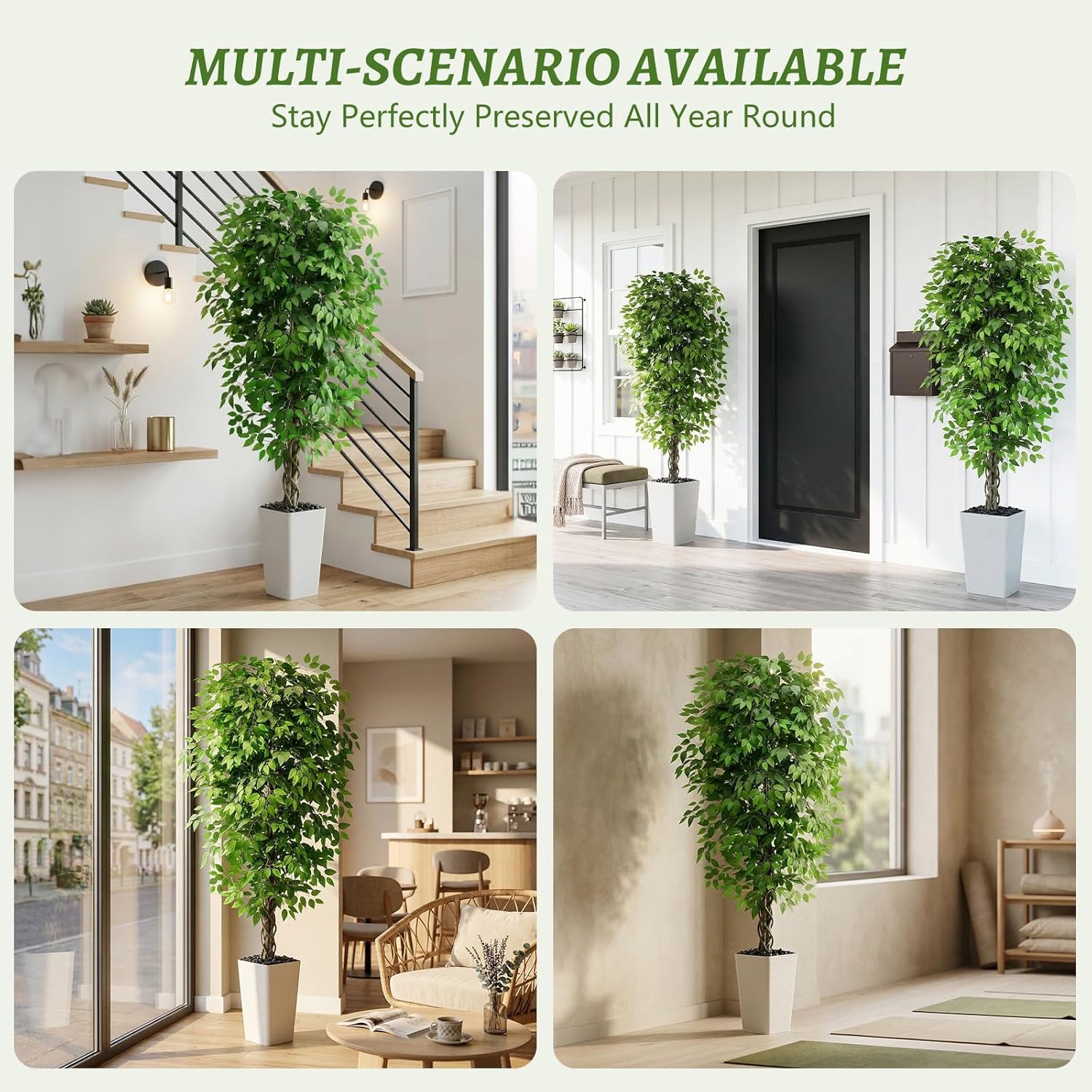 Artificial Ficus Tree Faux Plants Indoor Tall Fake Plants / 6FT / White / 6 Inch
