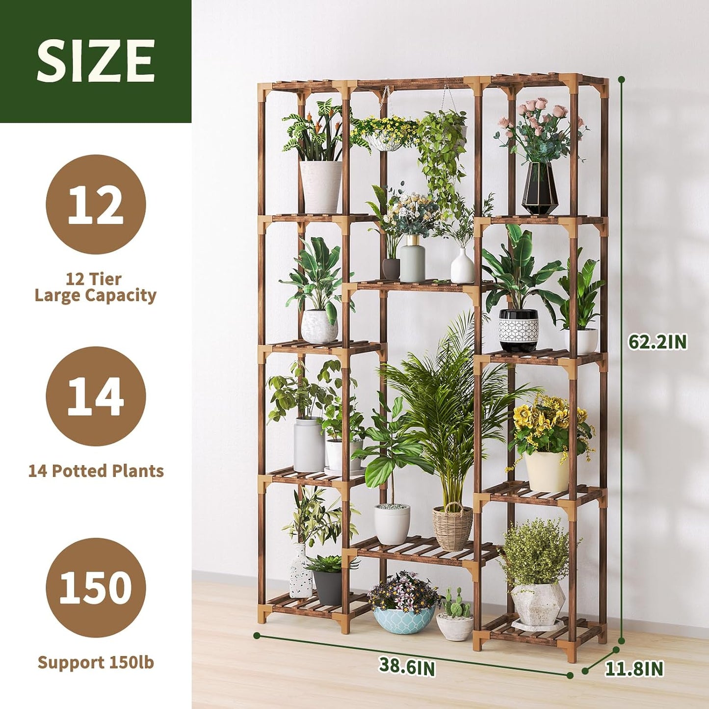Plant Stand Indoor Outdoor, 12 Tiered Plant Shelf Wood Plant Rack | Tall Plant Holder for Multiple Plants, Large Ladder