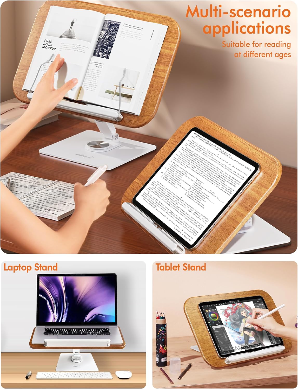 Book Stand for Reading, Adjustable Book Holder for Reading Hands Free, 360° Rotating Reading Stand, Large Rubberwood