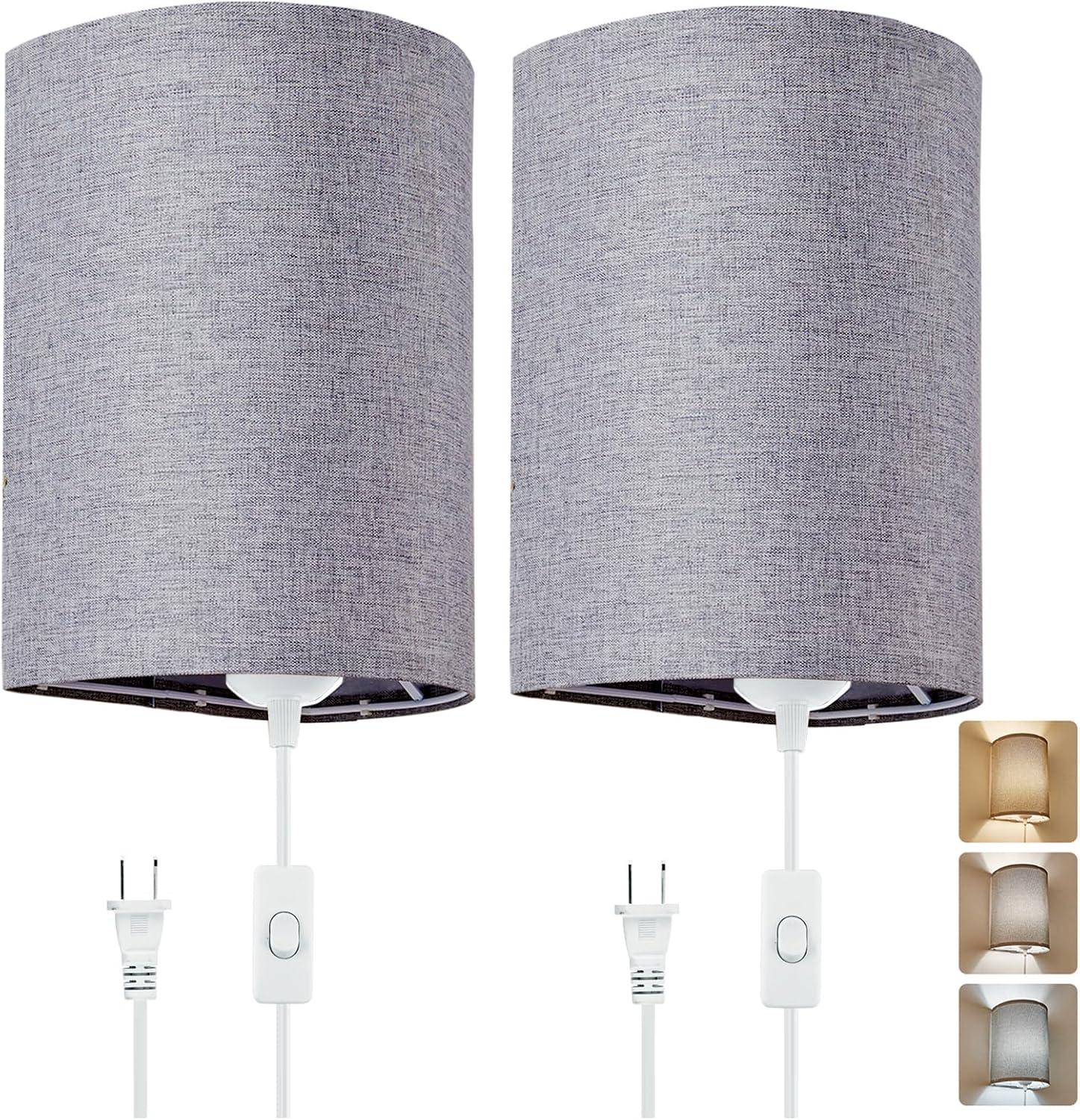 Wall Sconces Set of 2, Plug in Wall Sconces with On/Off Switch, 3-Color Selectable (3000K/4000K/6000K), Fabric Linen