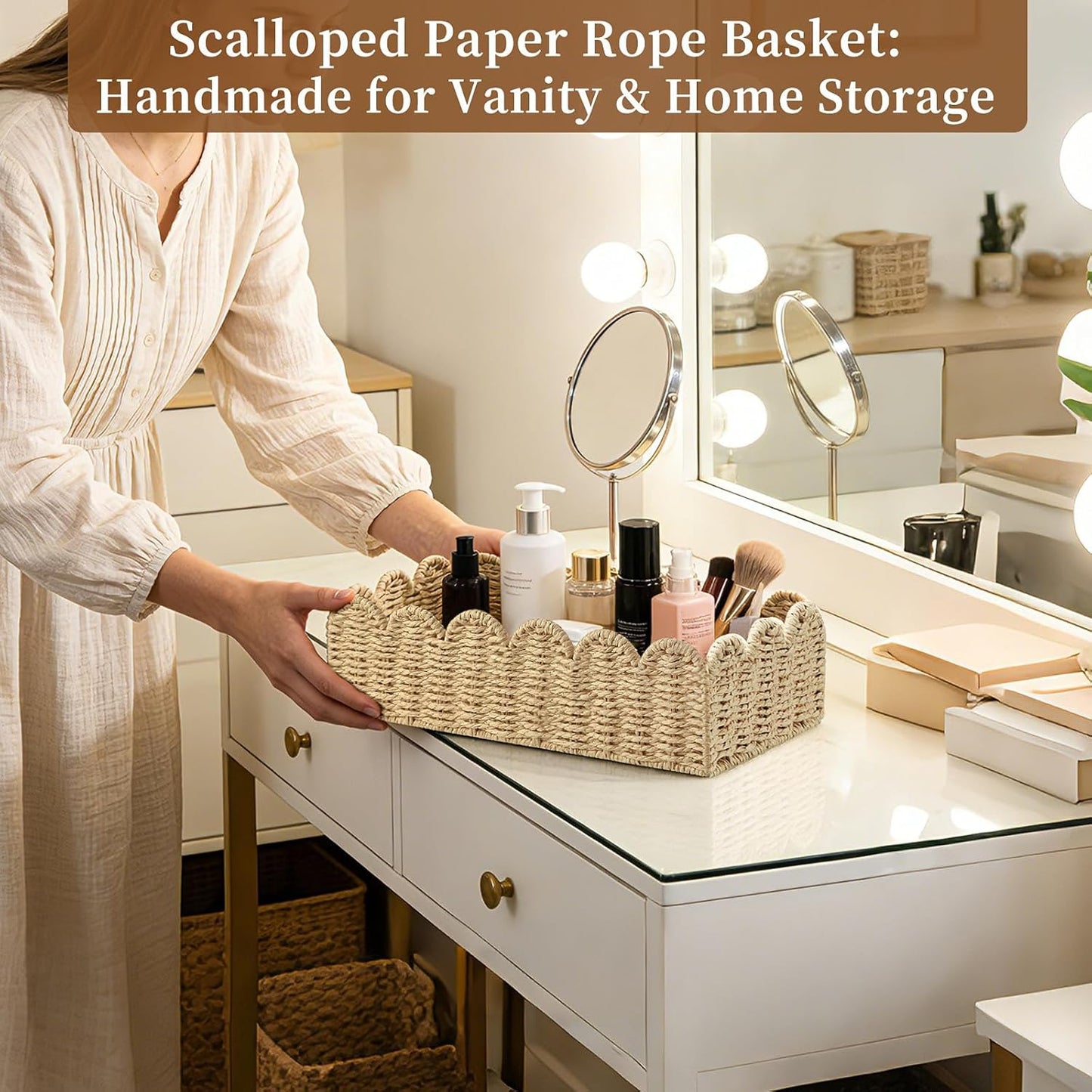 Scalloped Wicker Shelf Baskets / Beige M+L / Set of 2
