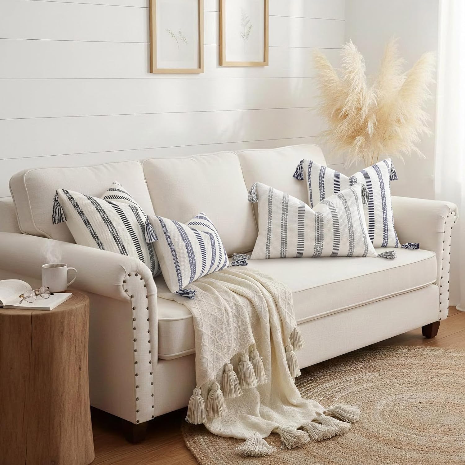 Boho Outdoor Couch Throw Pillow Covers Decorative Thick / Grey and Cream White / 20 x 20 / Set of 2