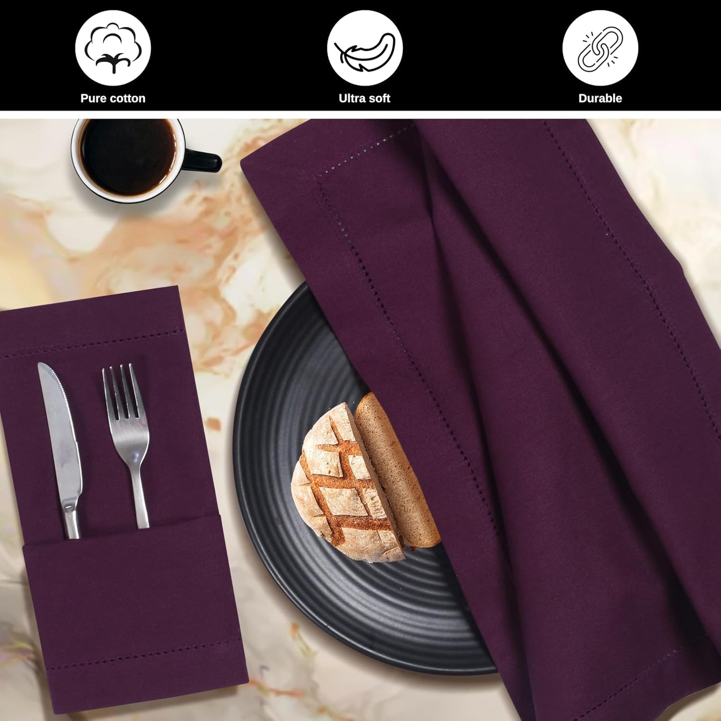 Bedding Craft Cotton Dinner Napkins Set of 12, 18x18, hemstitched, Plum | Machine Washable Soft Fabric Napkins for