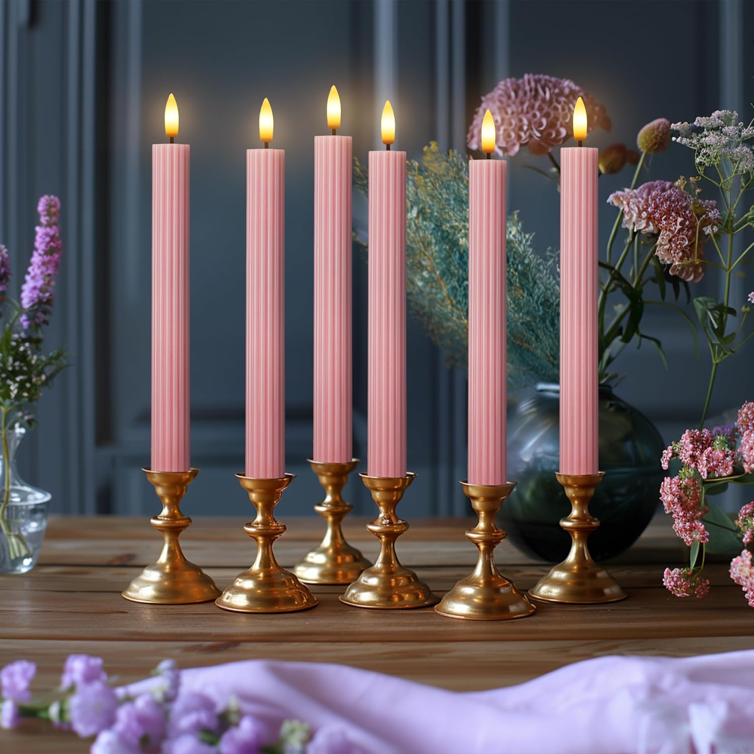 10" Fluted Ribbed LED Dusty Rose Grooved Real Wax Taper Candles, Remote & 24h Timer Memory, On/Off Switch - Flameless