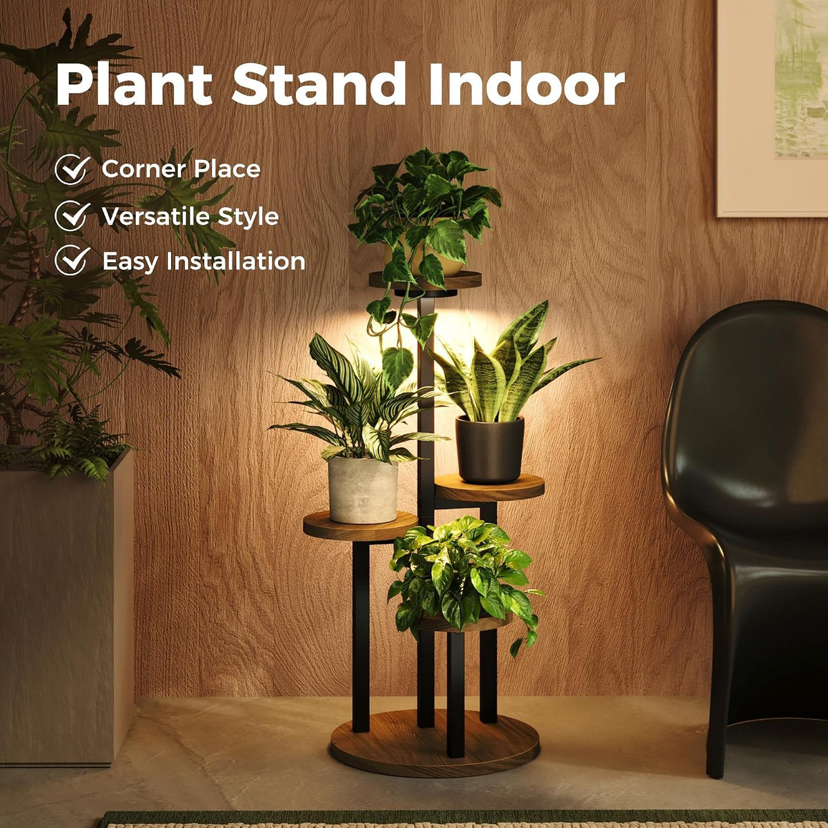 Bamworld Plant Stand with Grow Lights Corner Plant Stand 4 Tier | plant holders for Multiple Plants Tall Corner Plant