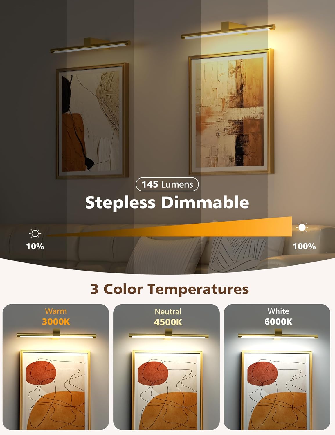 VOLISUN 15.7'' Picture Lights for Wall, 4000mAh Rechargable Picture Light Battery Operated, 3 Color Temperatures &