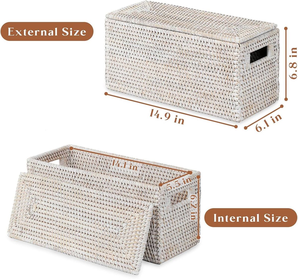 YANGQIHOME Toilet Paper Basket, Rattan Toilet Tank Basket for Bathroom, Wicker Baskets with Lid for Storage, Whitewash