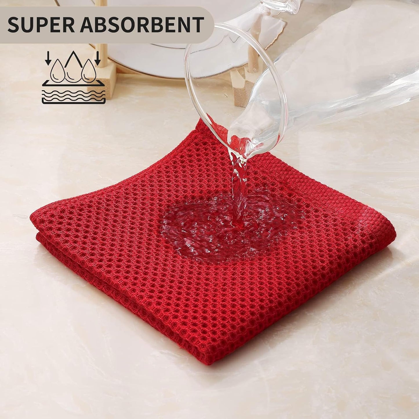 Kitinjoy 100% Cotton Waffle 12-Pack Kitchen Towels, 12" x 12", Red | Ultra Absorbent, Super Soft, lightweight, Quick