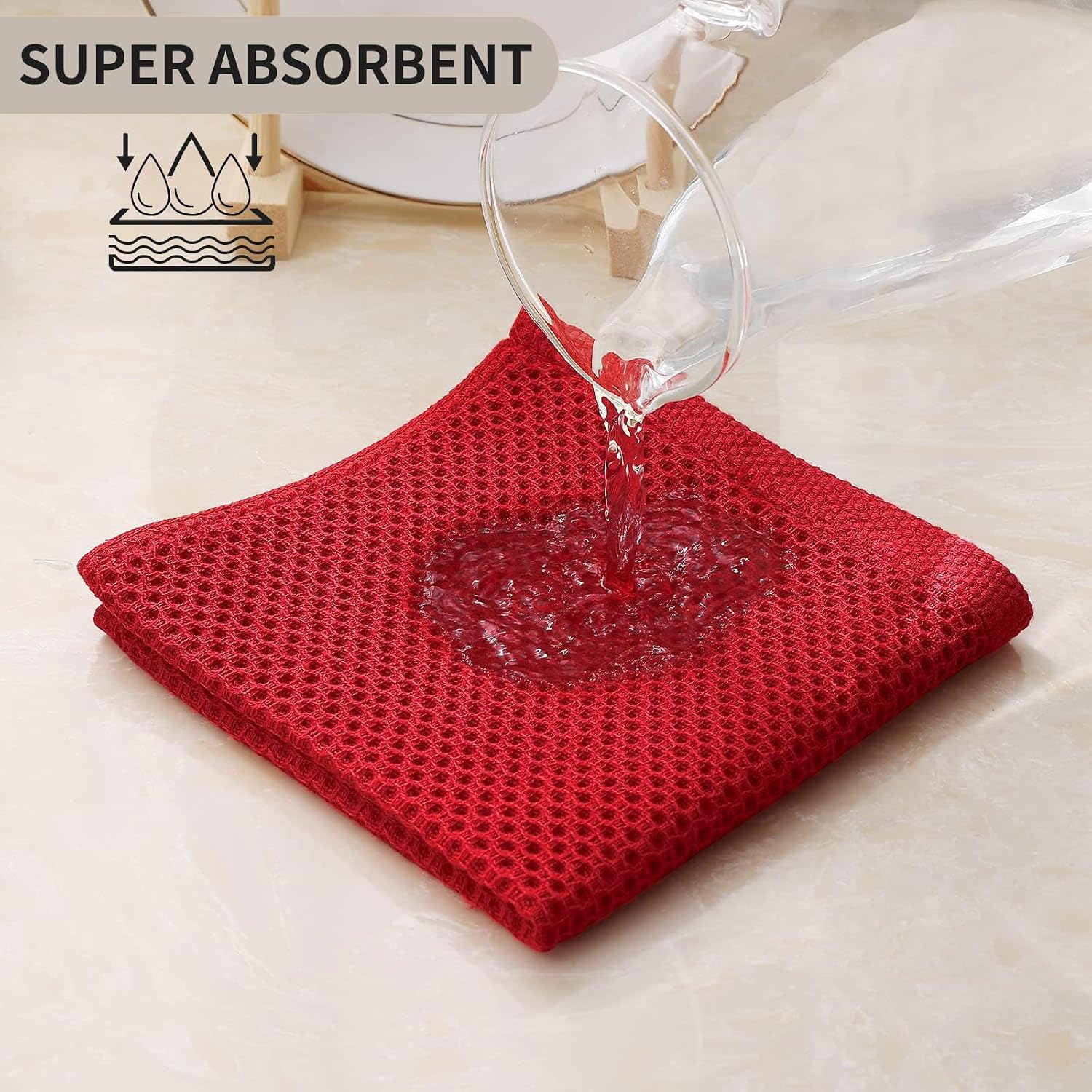 Kitinjoy 100% Cotton Waffle 12-Pack Kitchen Towels, 12" x 12", Red | Ultra Absorbent, Super Soft, lightweight, Quick