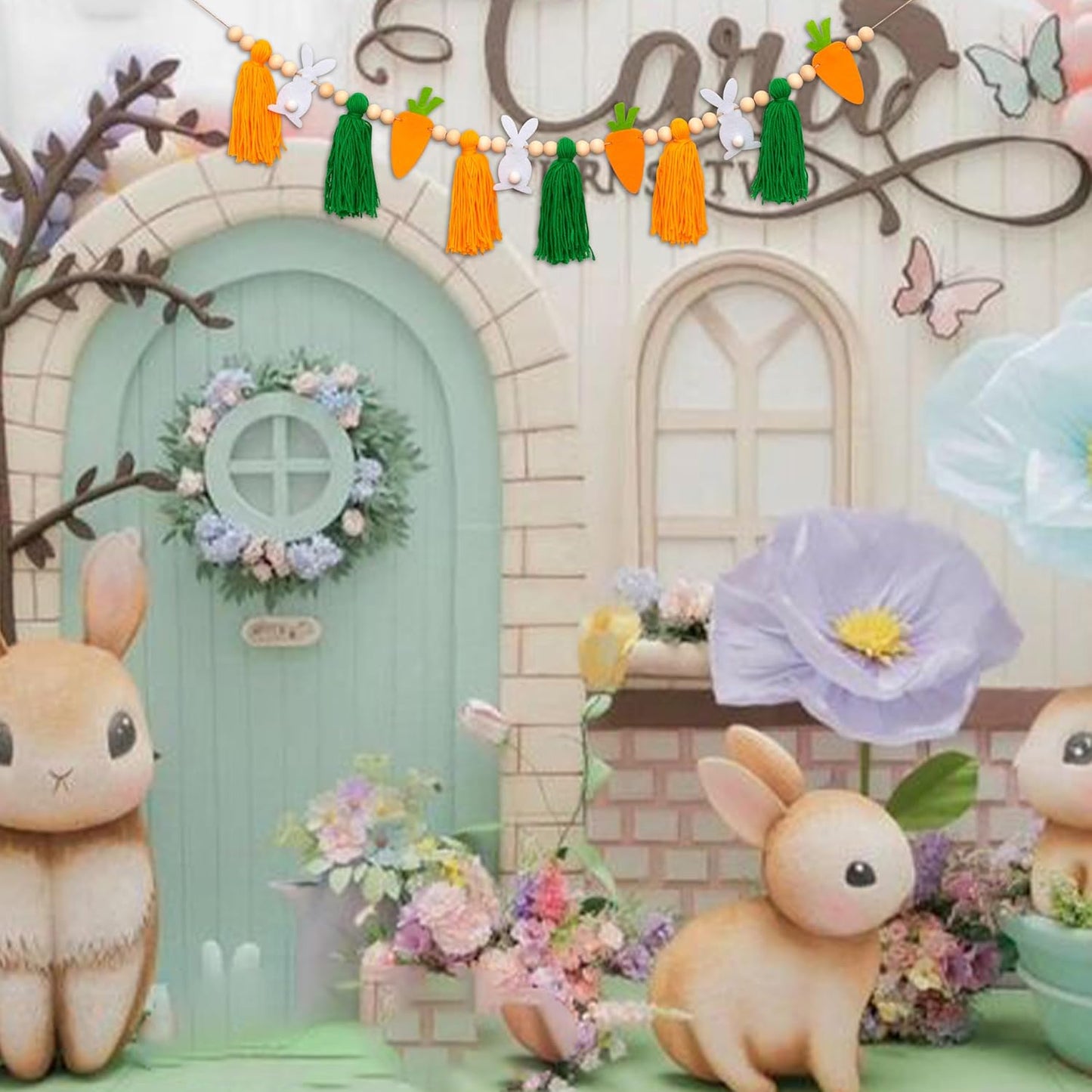 Pastel Felt Eggs and Wood Beads Garland / Carrots Tassel