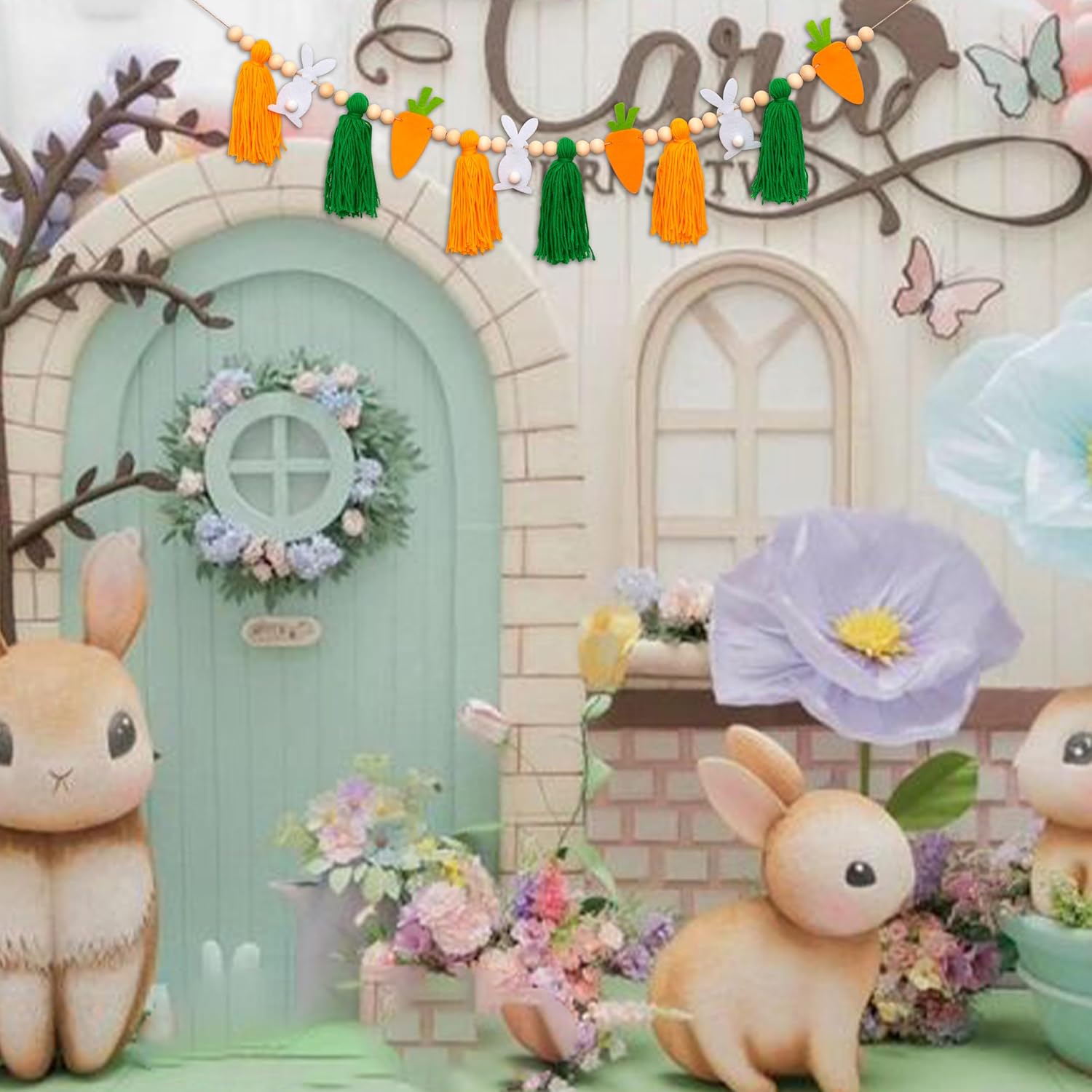 Pastel Felt Eggs and Wood Beads Garland / Carrots Tassel