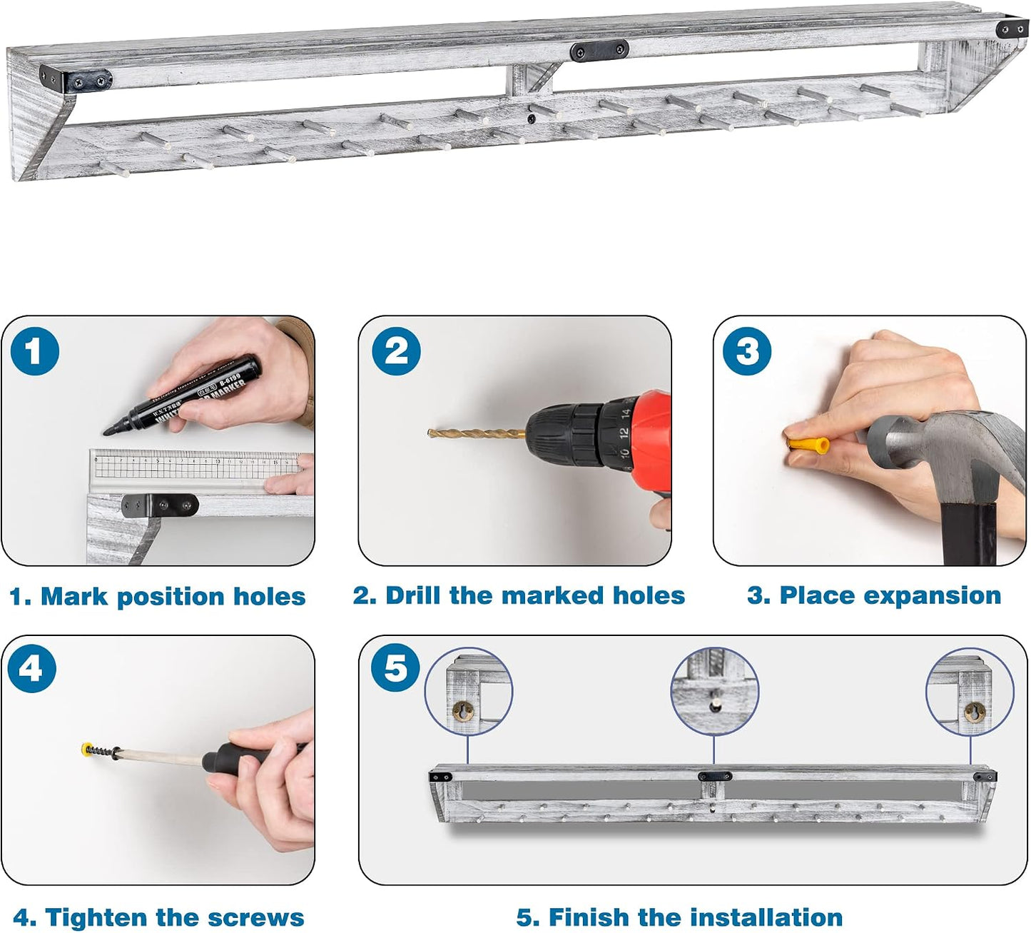 LAVIEVERT Gymnastic Medal Hanger with Storage Shelf, Wooden Wall-Mounted Trophy Shelf, Race Medal Display Rack Holder