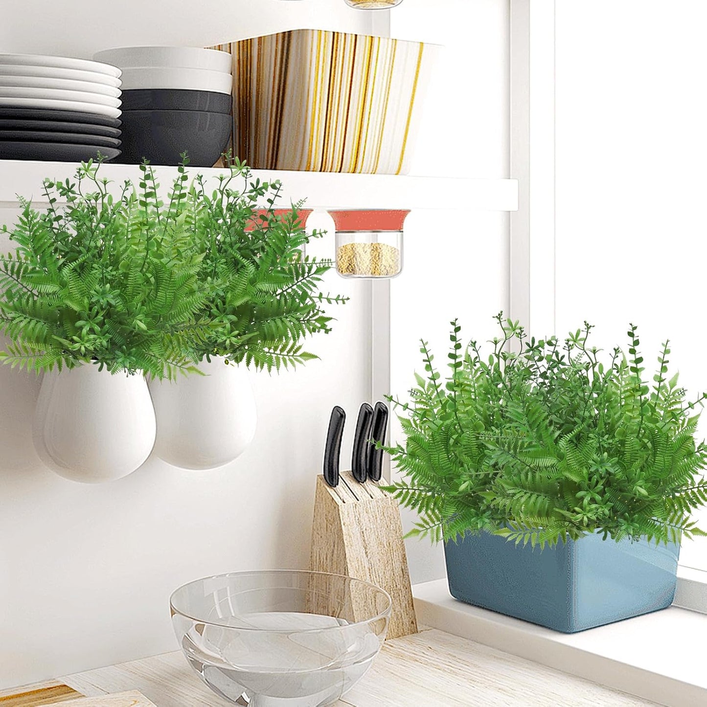 Artificial Plants Boston Fern Fake Branches Faux Shrub Bushes Greenery / Fern-green / Set of 12