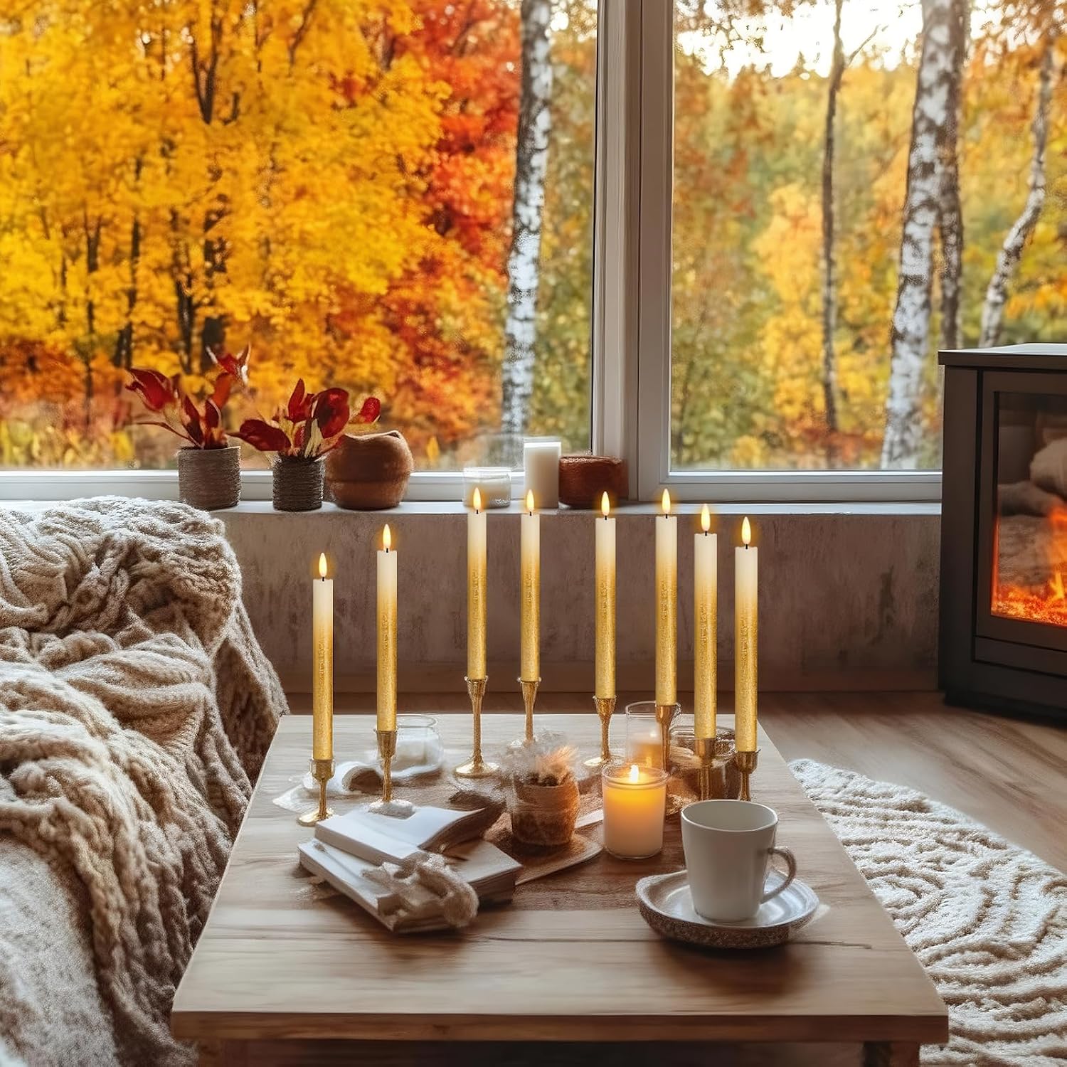 Wondise Gold Flameless Taper Candles with Timer & Remote, 9 Inch Battery Operated LED Flickering Window Candle for