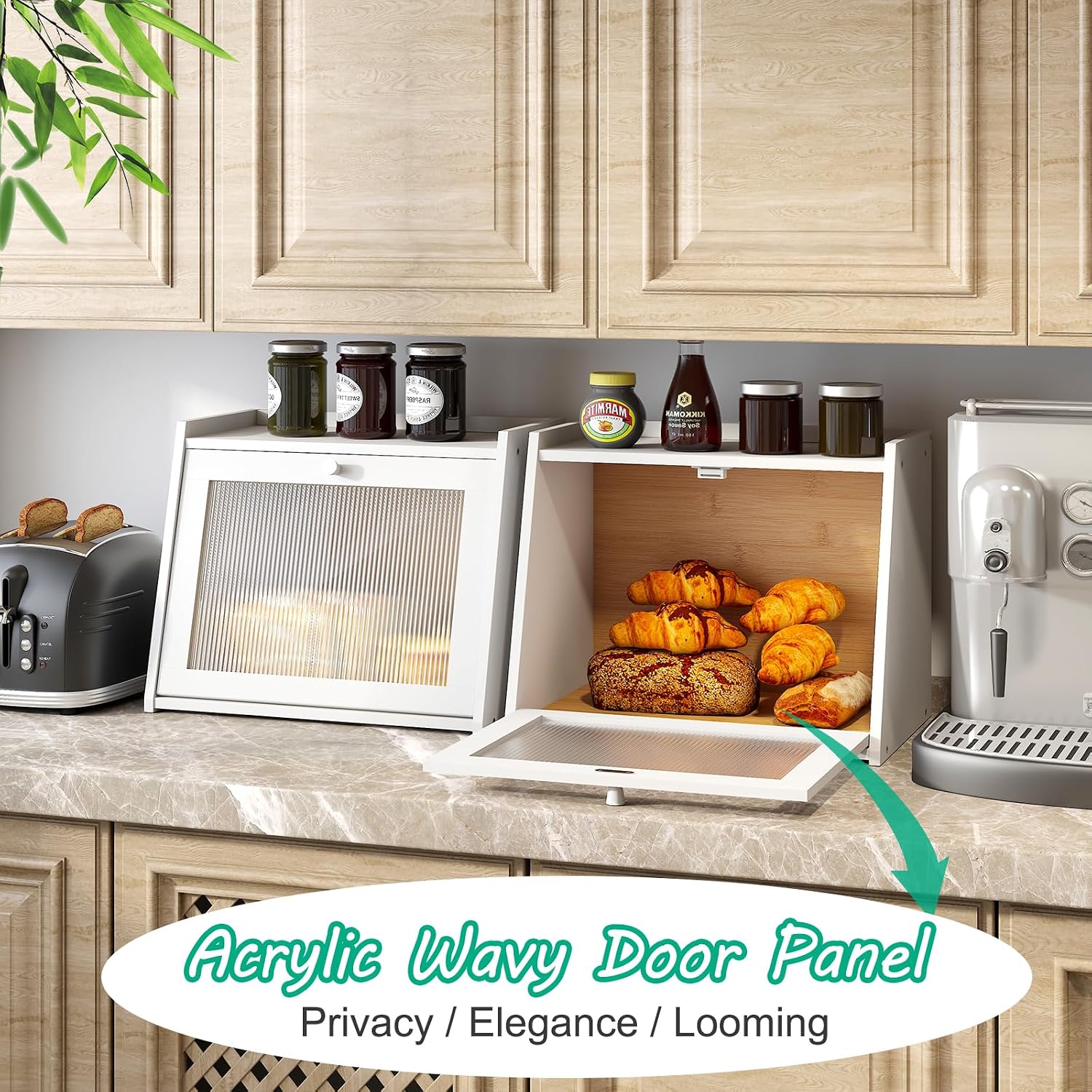 kiplant Large Bread Box for Kitchen Counter, White Bamboo Bread Storage Container with Wavy Arcylic Transparent Door