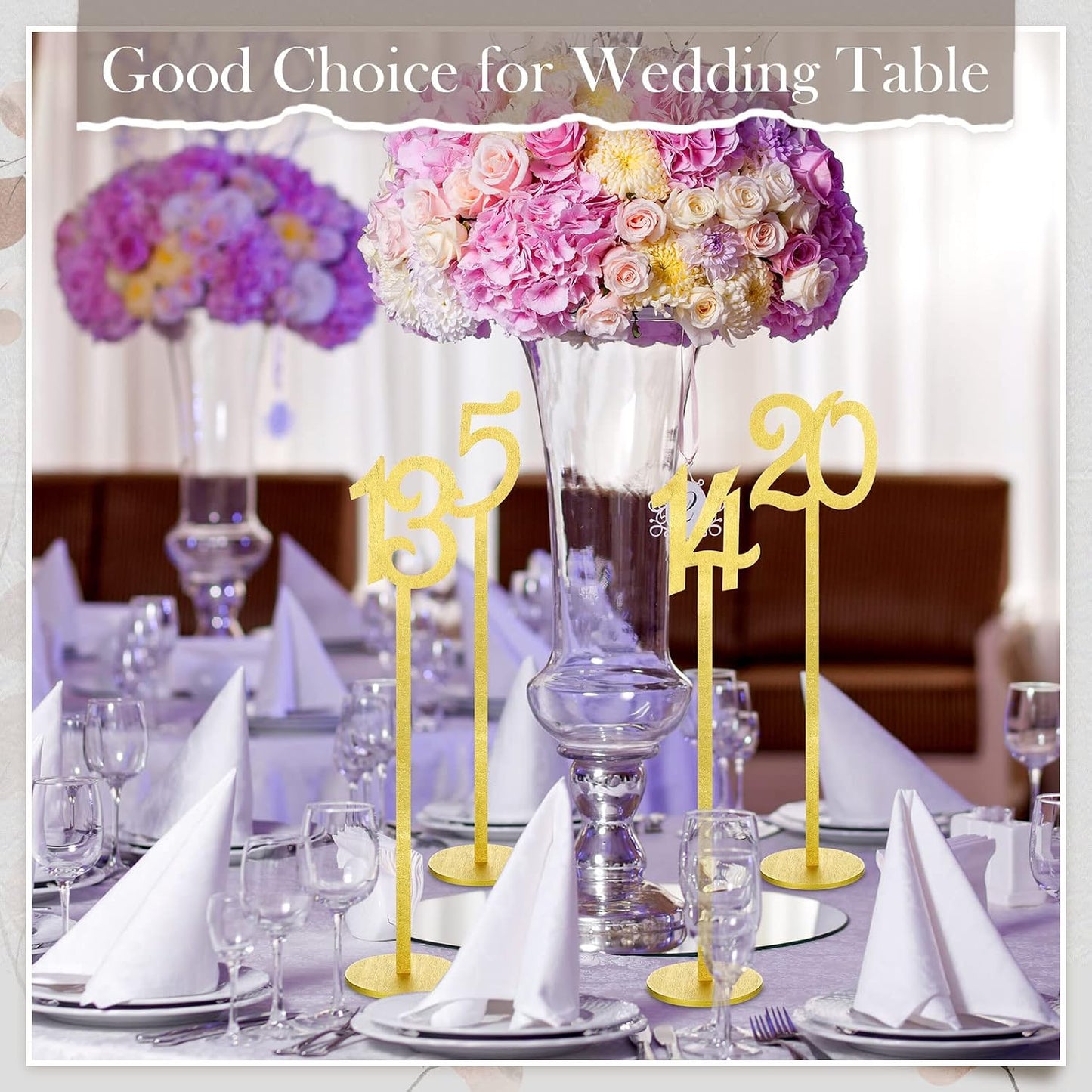 20 Pcs Table Numbers for Wedding with Holder, 1-20,Gold | Wooden Seat Numbers with Round Base Stands, Ideal for Wedding