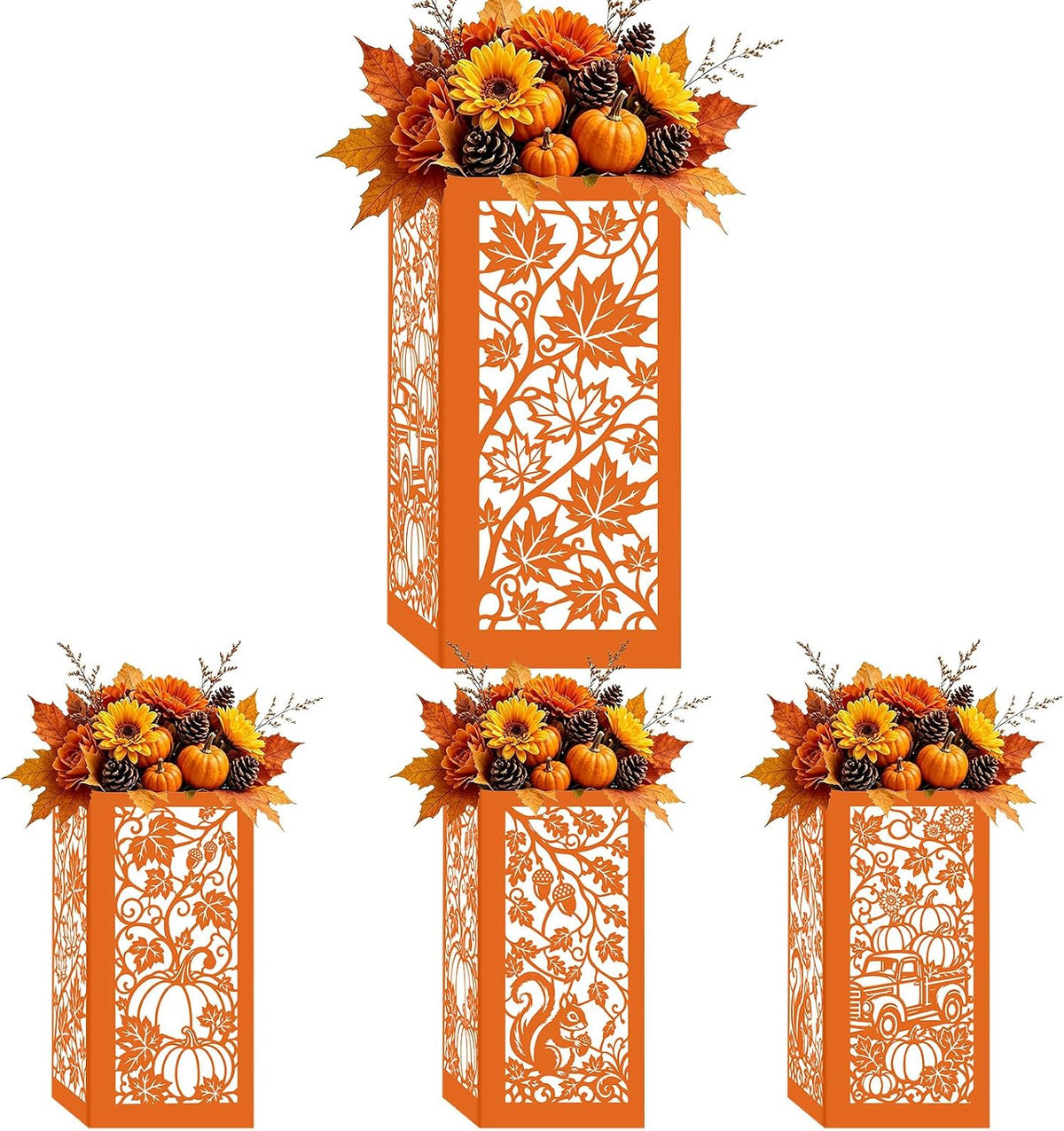 Urlax 4PCS Fall Decorations for Home Thanksgiving Table Centerpiece Box for Floral Arrangements Autumn Harvest Table Decor with Maple Leaves Pumpkin Squirrel Truck Design