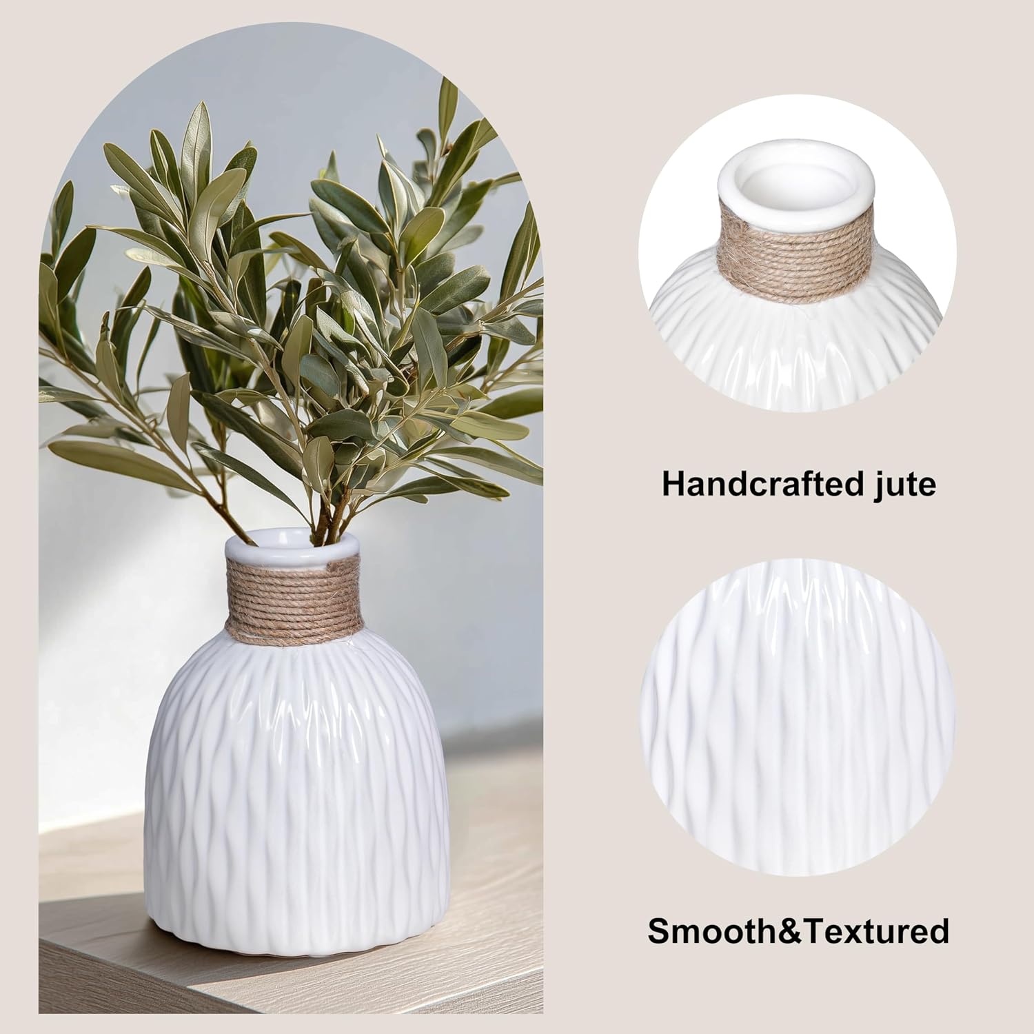 Ceramic Vase / Modern Textured Vases Home Decor / White / 6 Inch