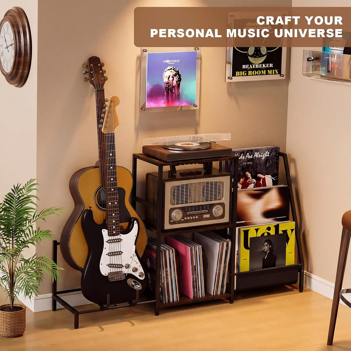 Record Player Stand with Guitar Rack for Acoustic, Electric & Bass Guitars | 3 Tier Vinyl Record Storage Up to 200
