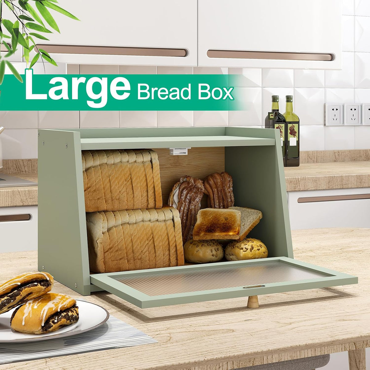 kiplant Green Bread Box for Kitchen Counter, Large Bamboo Bread Storage Container with Wavy Arcylic Door, Bamboo Wooden
