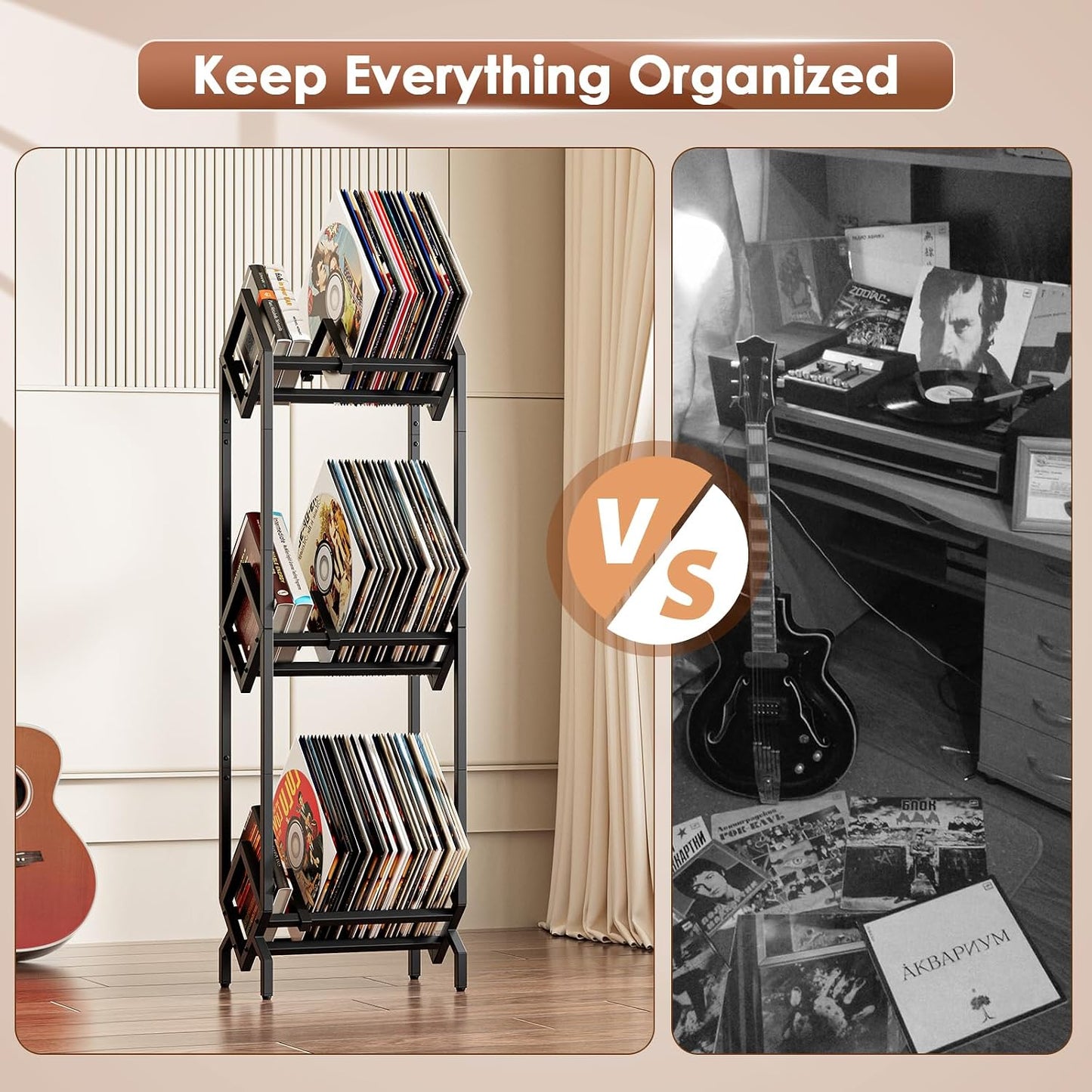 Vinyl Record Storage Rack, Record Holder 260-280 LP Storage Shelf Display Stand for Albums Books Magazines Files, Black