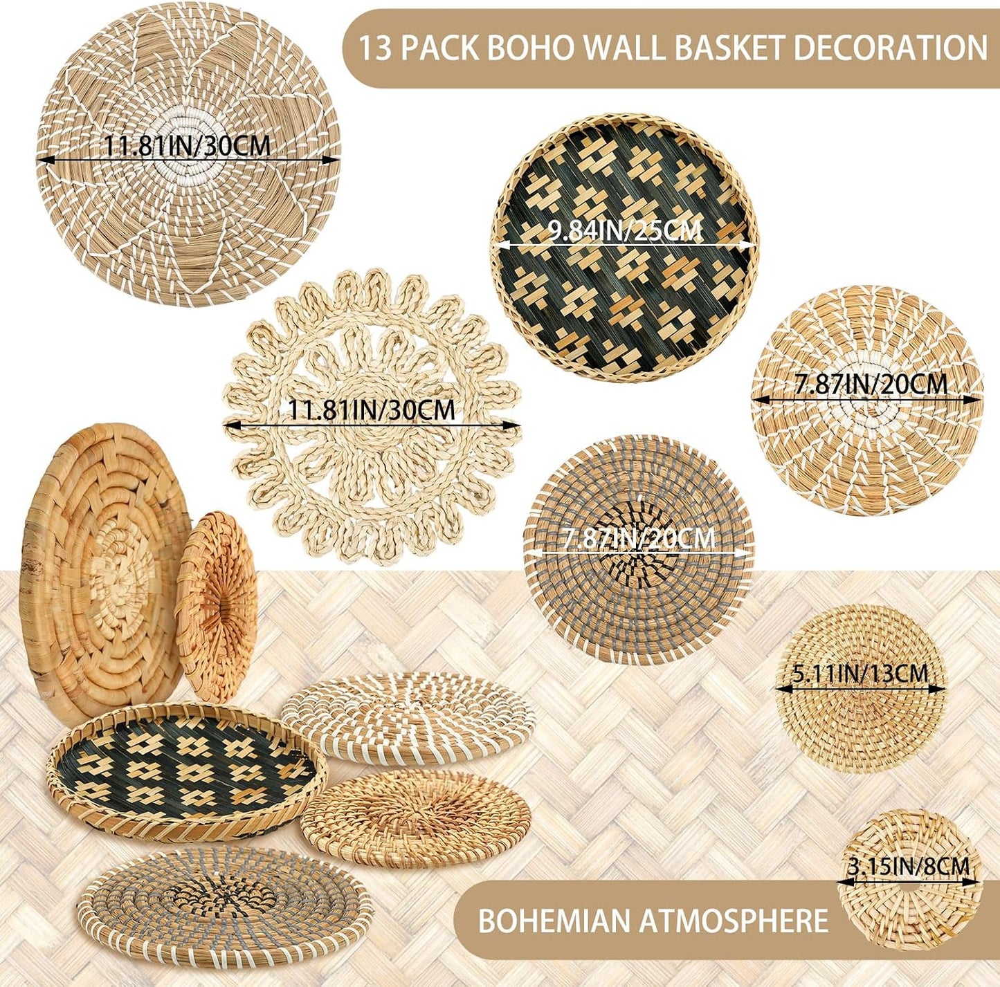 Boho Wall Basket Decor Woven Rattan Flat Baskets Handmade Boho Wicker Bamboo / Retro / Set of 13