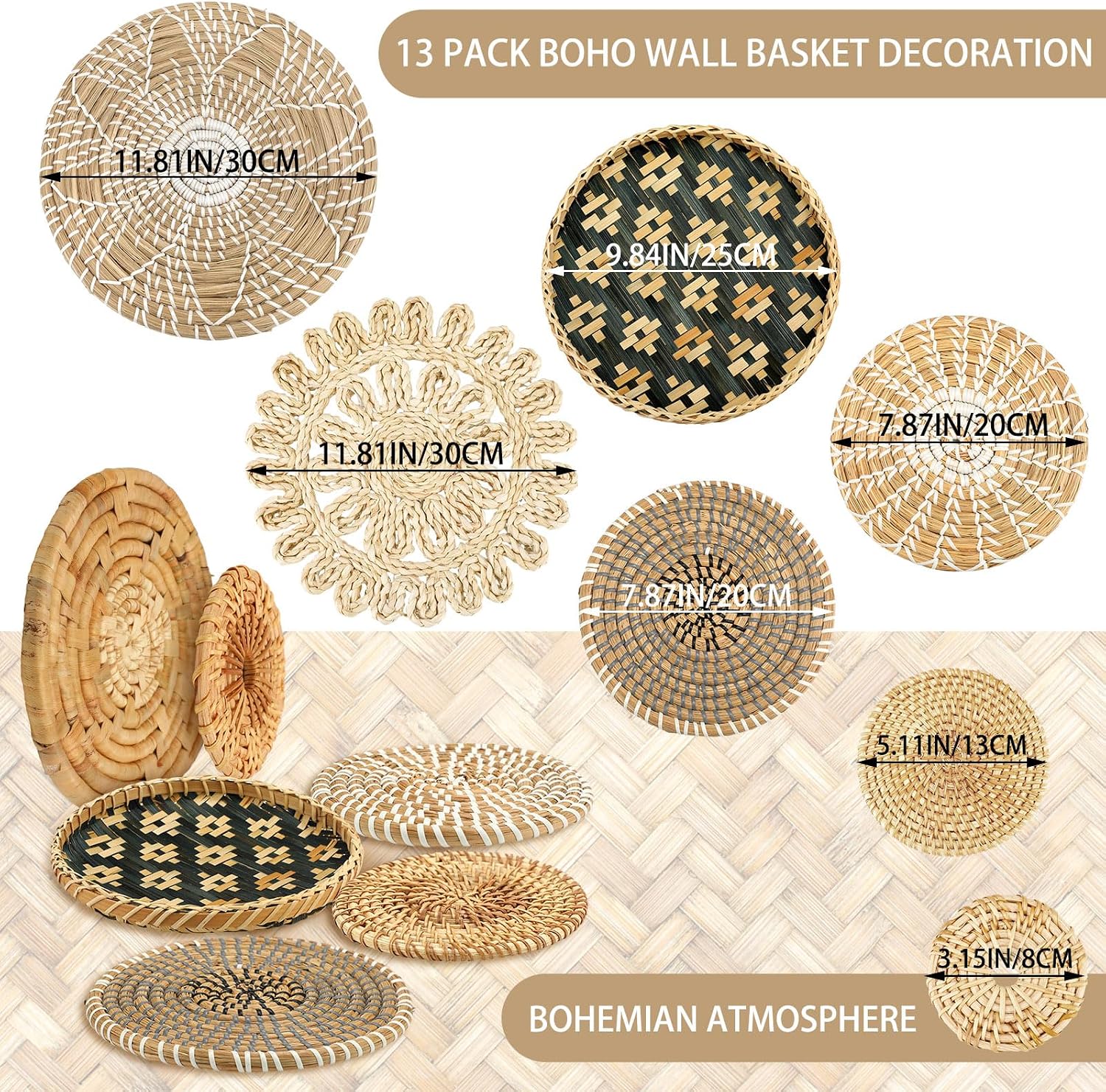 Boho Wall Basket Decor Woven Rattan Flat Baskets Handmade Boho Wicker Bamboo / Retro / Set of 13