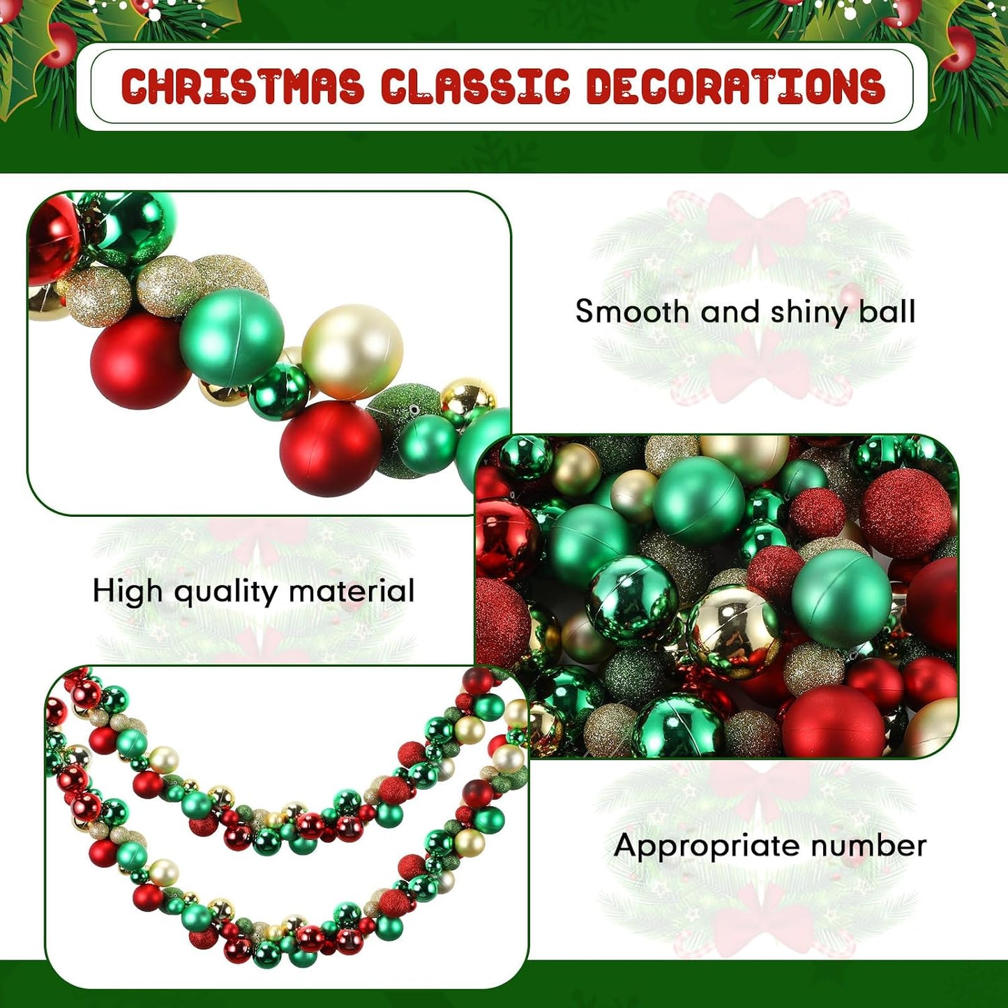Hiboom 2 Pcs 6 Feet Christmas Ball Garland Ornaments Indoor Outdoor Garland Xmas Decorative Hanging Ornaments for