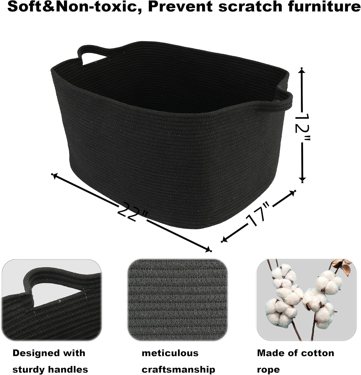 Large Rectangle Blankets Basket Living Room " Woven Cotton Rope Storage / Black / 22 x 17 x 12