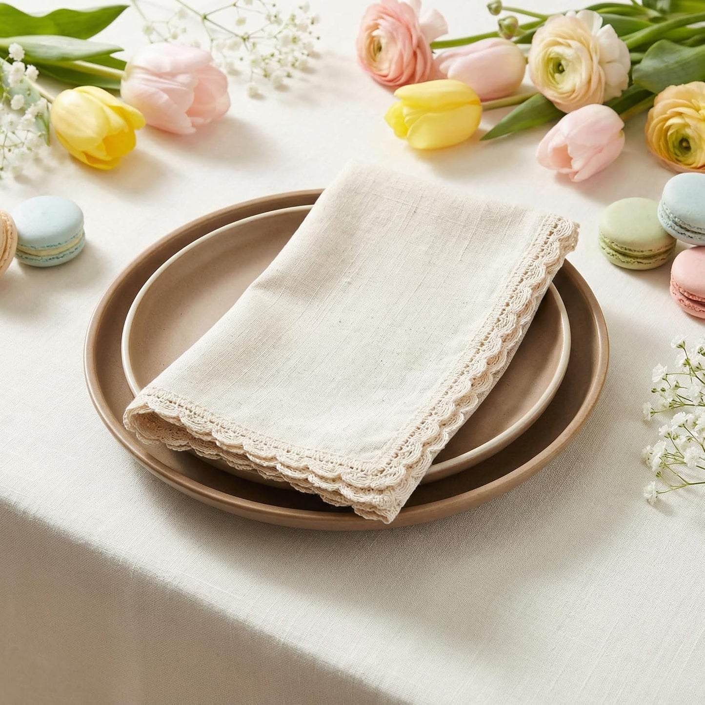 Set of 12 Flax Lace Cloth Napkins 20x20 Inch - Natural | Premium Linen Cotton Reusable Dinner Napkin for Wedding