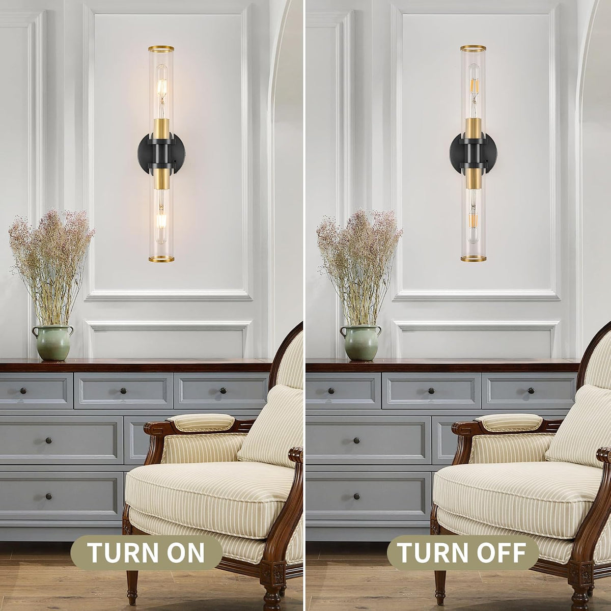 Rayogale Black & Gold Wireless Battery Operated Wall Sconces with Remote | Glass Rechargeable Wall Lights Set of 2 with