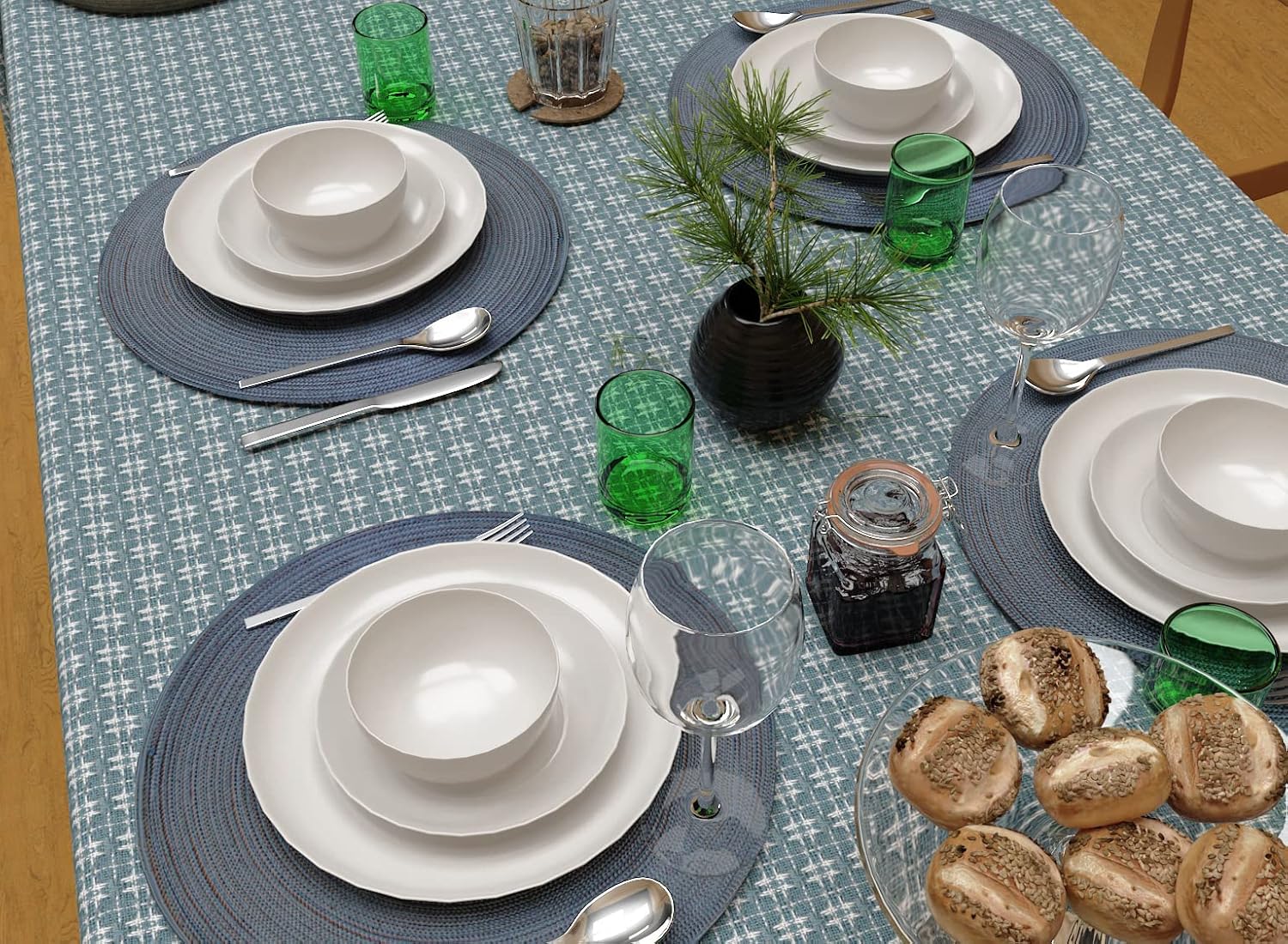 Table Cloth, Wedgewood Blue/White Woven Fringed, 100% Cotton Table Cover, Size 60x102 Inch, Suitable for Formal Dining