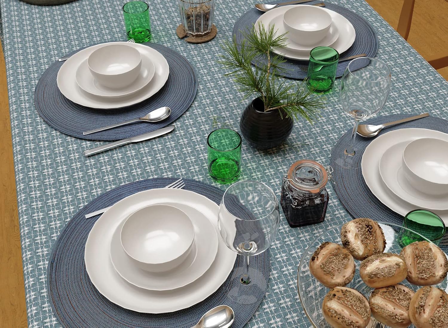 Table Cloth, Wedgewood Blue/White Woven Fringed, 100% Cotton Table Cover, Size 60x84 Inch, Suitable for Formal Dining