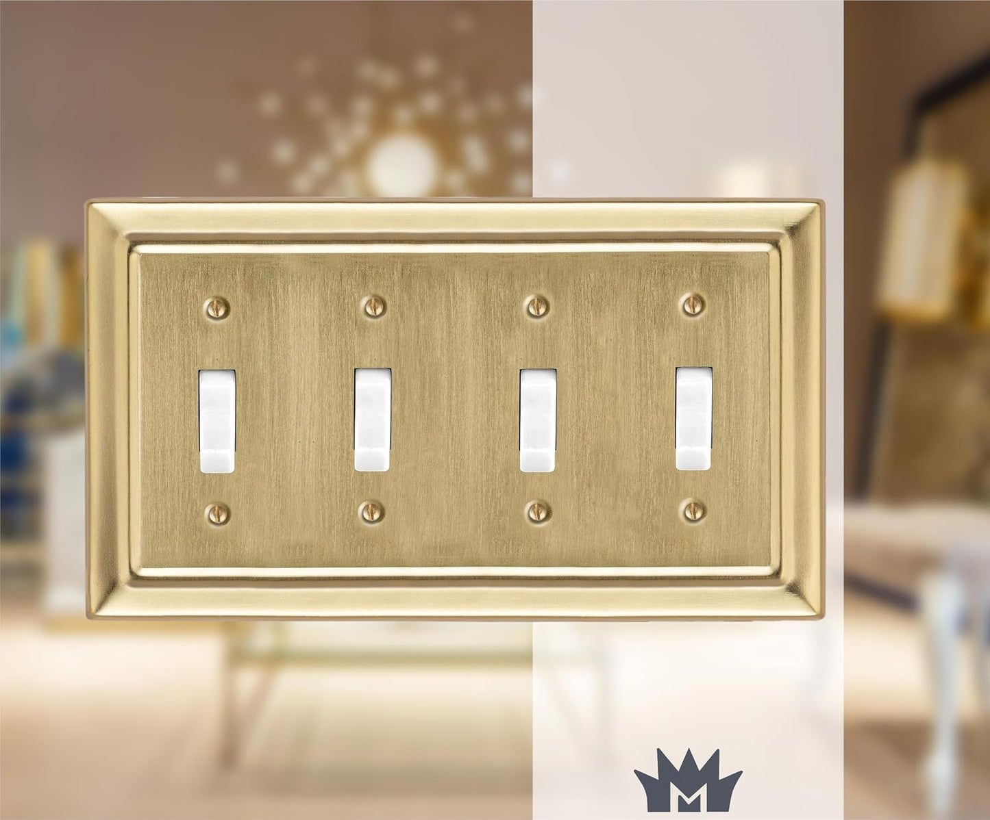 Monarch Abode Toggle Light Switch Cover Plate – 4-Gang Brushed Gold Outlet Covers, Architectural Decorative Outlet