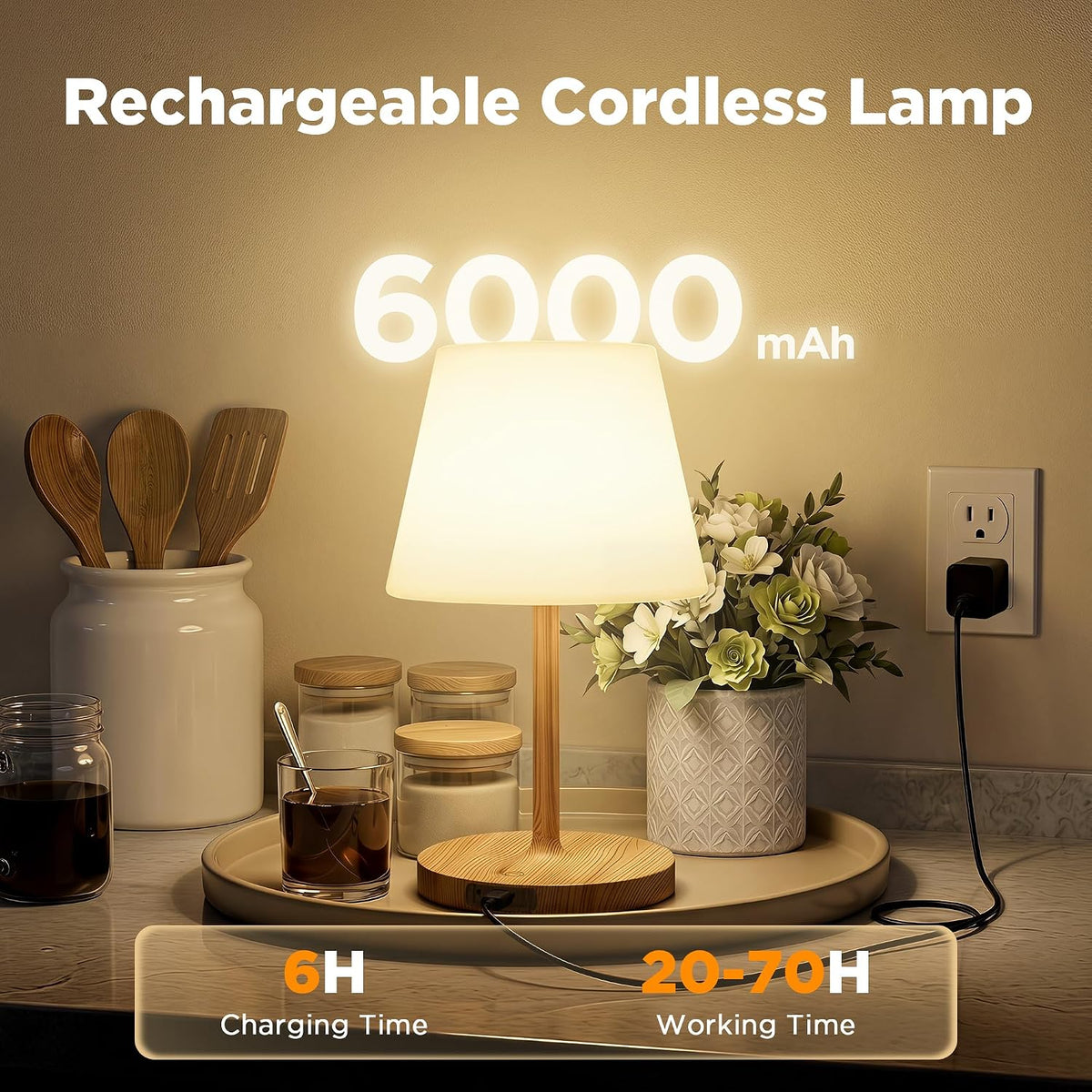 LUTEC 2 Pack Shower Lamp Waterproof, 6000mAh Rechargeable Cordless Table Lamp with 3 Color Temps and Stepless Dimming