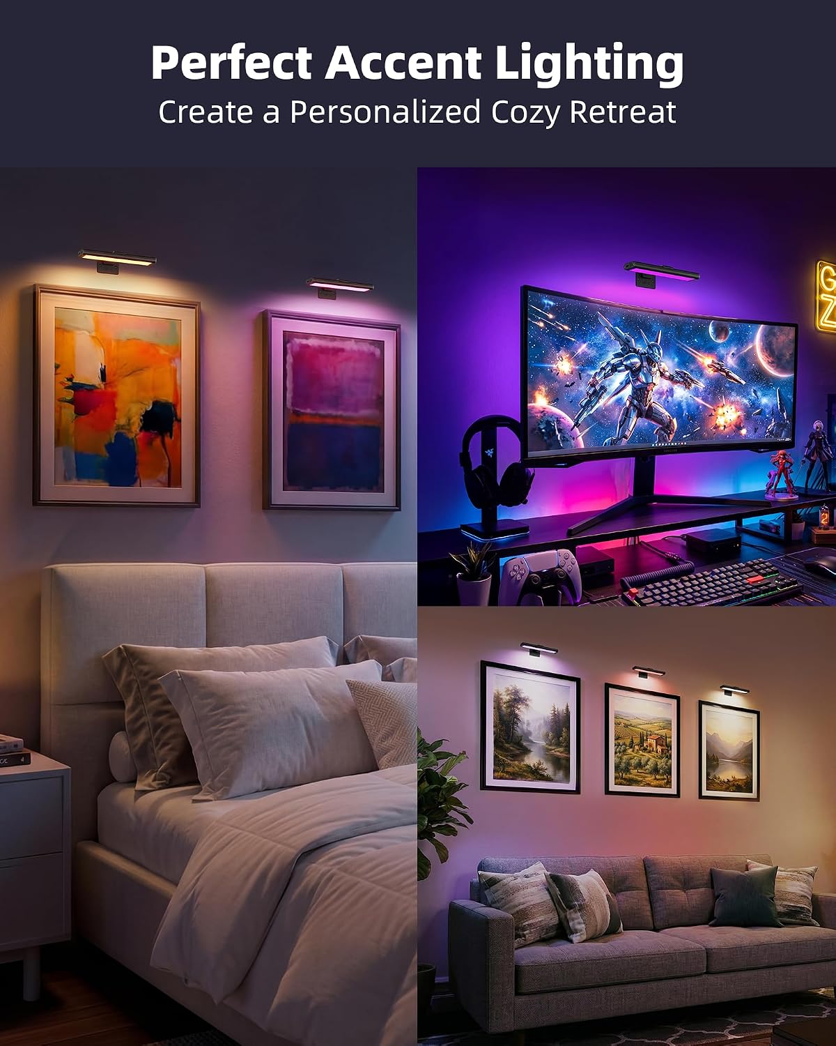 EZVALO RGB Picture Light for Wall, 2400mAh Wireless Rechargeable Color Changing Art Light with Remote, 16 Colors